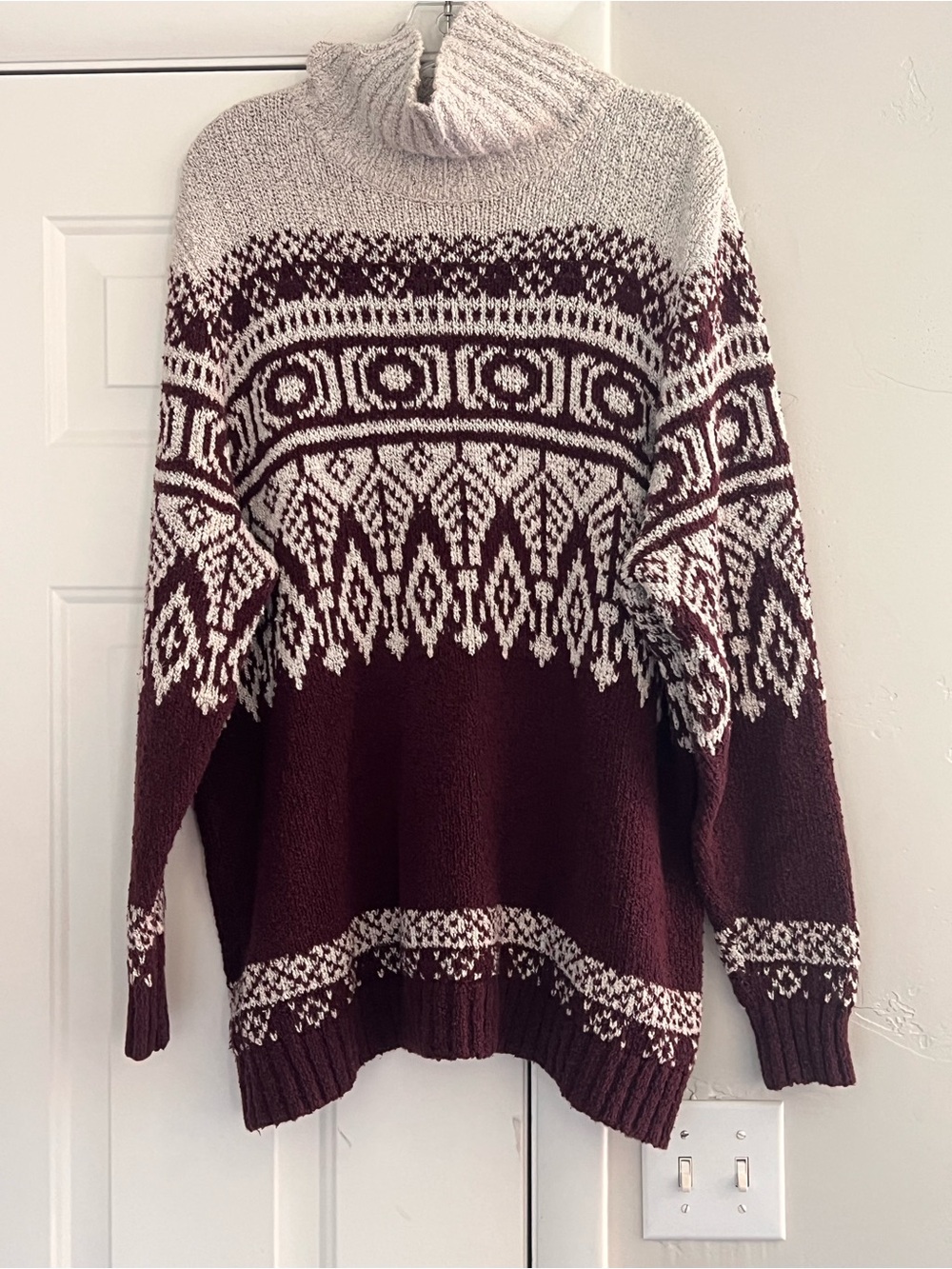 Northcrest Fair Isle Turtleneck Sweater in Maroon and Cream